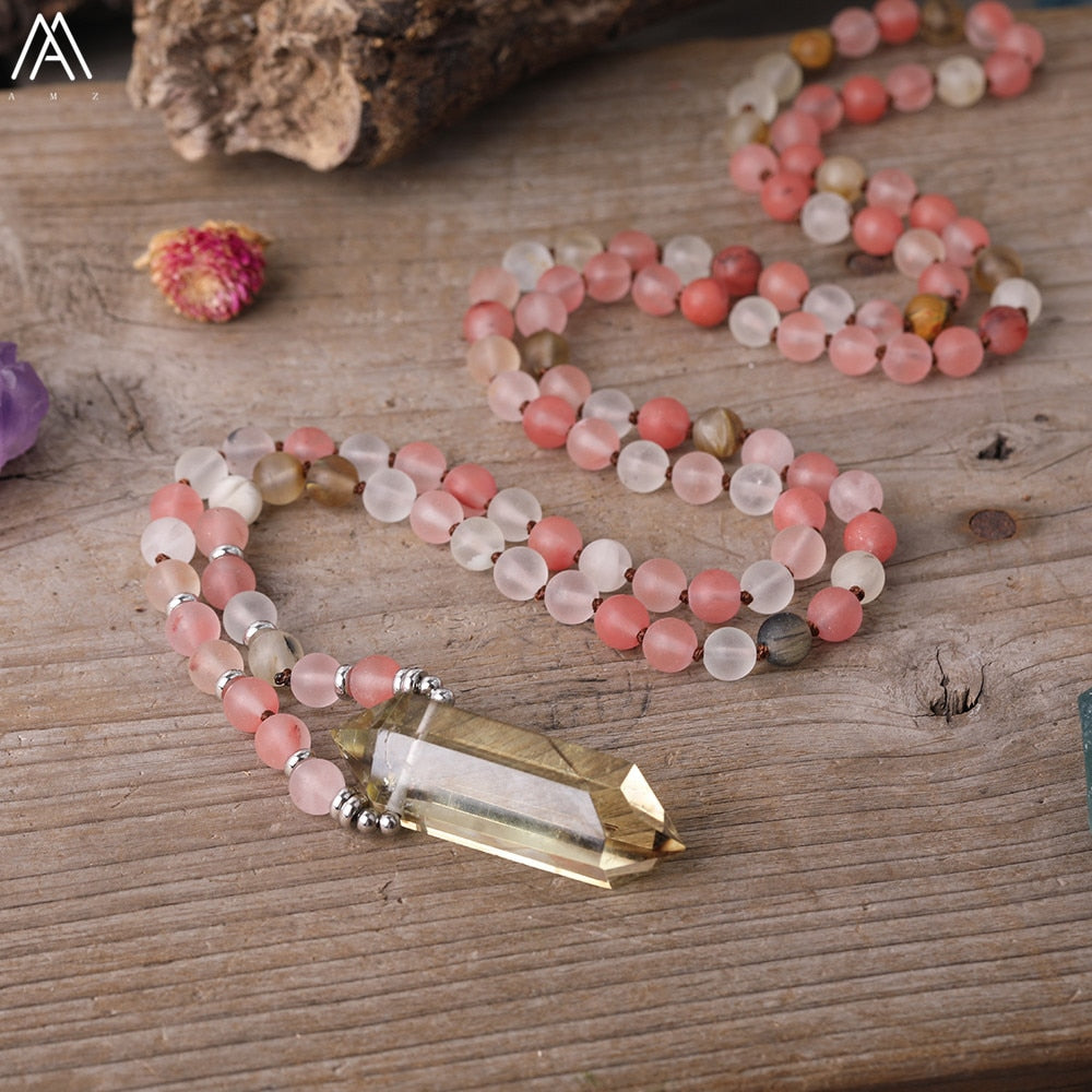 Natural Watermelon Stone & Double Point Citrine Necklace
