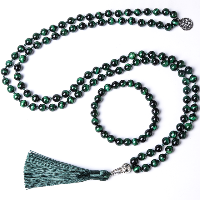 Natural Green Tiger Eye 108 Mala Beads Necklace with Tree of Life Pendant