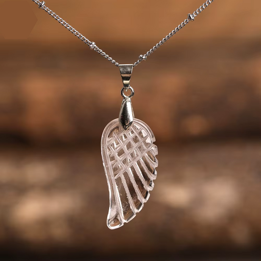 Natural Clear Quartz Angel Wing Pendant Necklace