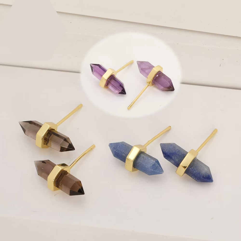 Natural Smokey Quartz Double Pointed Wand Gold Plated Stud Earrings