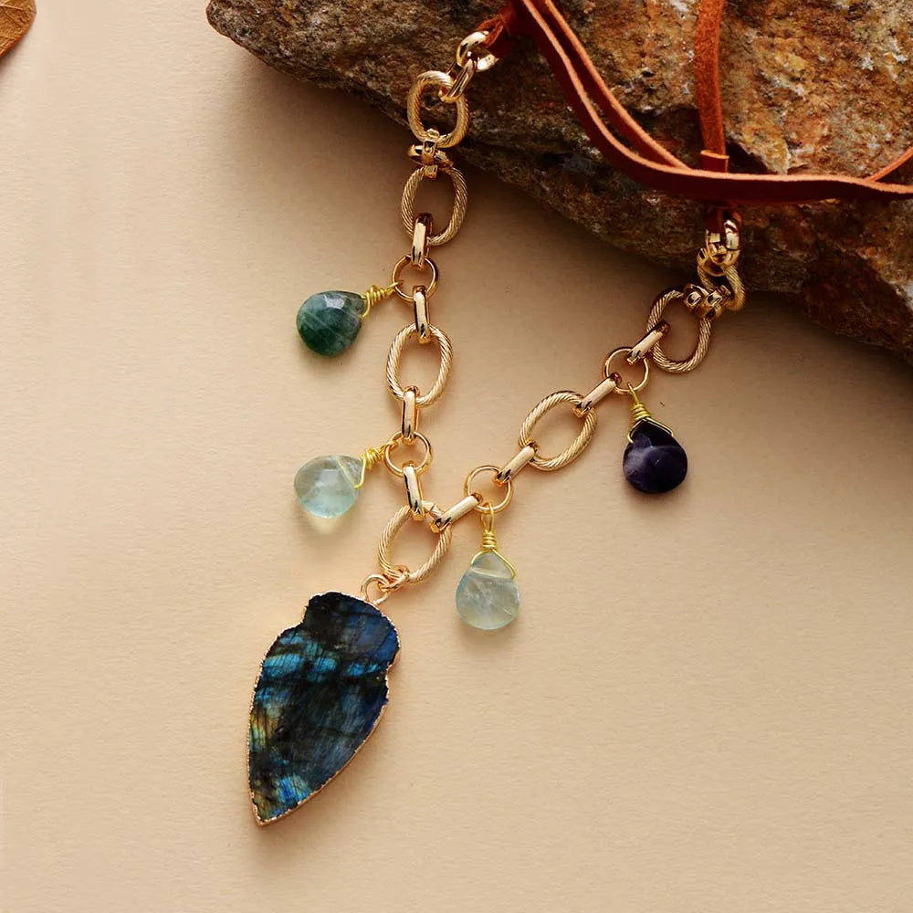 Natural Labradorite & Green Quartz Arrowhead Gold Plated Necklace