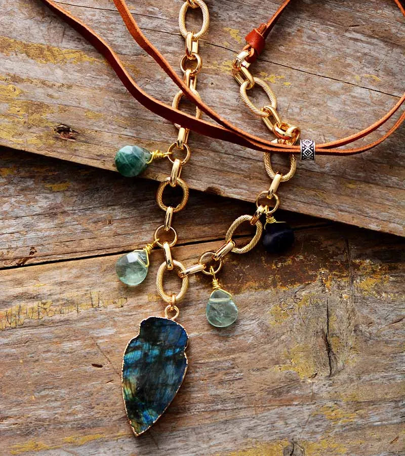 Natural Labradorite & Green Quartz Arrowhead Gold Plated Necklace