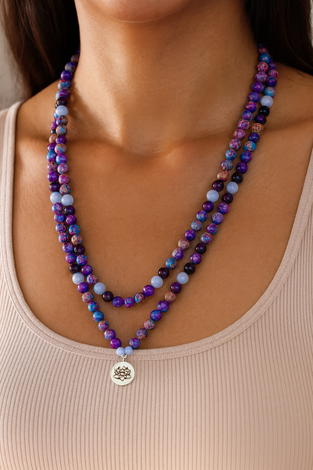 Natural Light Blue Agate, Purple Jasper & Amethyst 108 Beads Mala