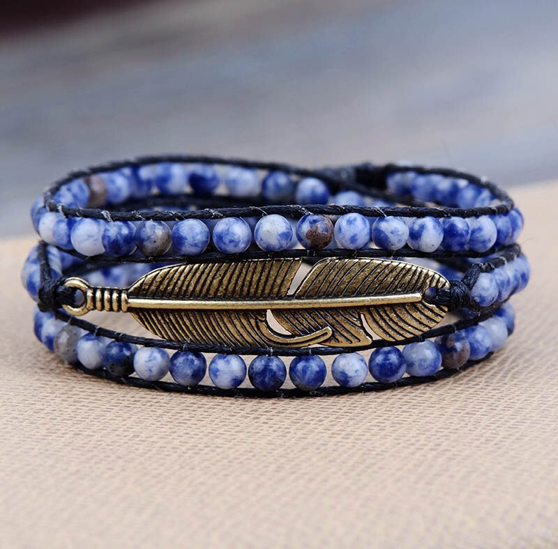 Natural Turquoise / Sodalite Antique Golden Feather Wrap Bracelet