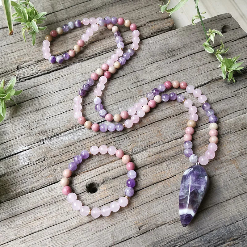 Natural Rhodonite, Amethyst, Clear & Rose Quartz Mala Necklace & Bracelet Set
