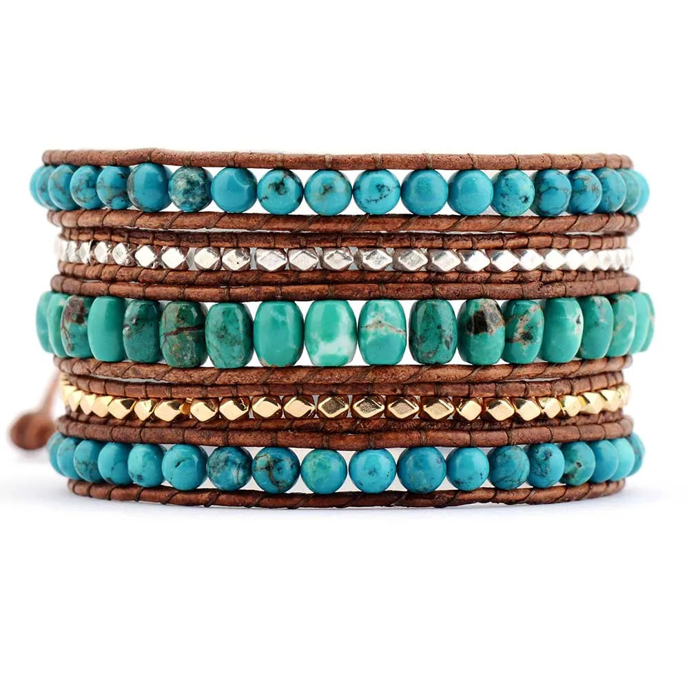 Natural Turquoise Jasper Leather Wrap Bracelet