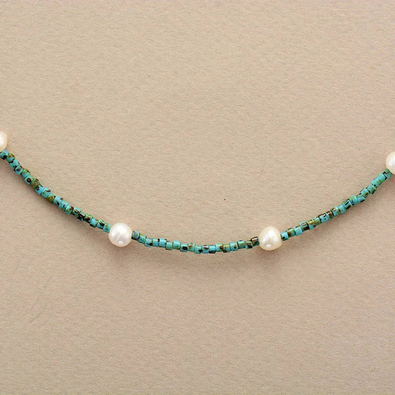 Natural African Turquoise & Freshwater Pearls Choker Necklace