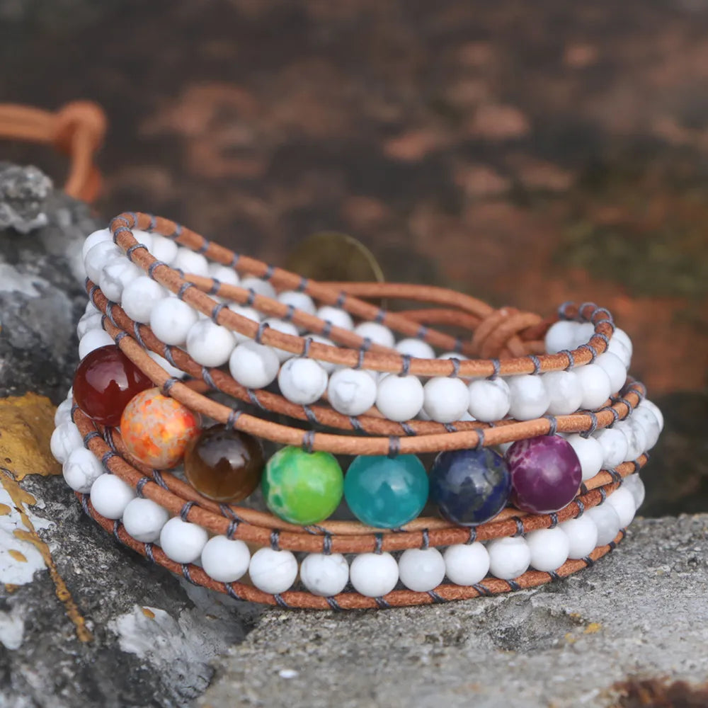 Natural 7 Chakras Stones, Howlite, Labradorite & Onyx Wrap Bracelet