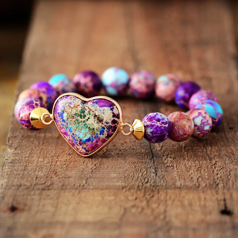 Natural Purple Sea Sediment Heart Beaded Bracelet