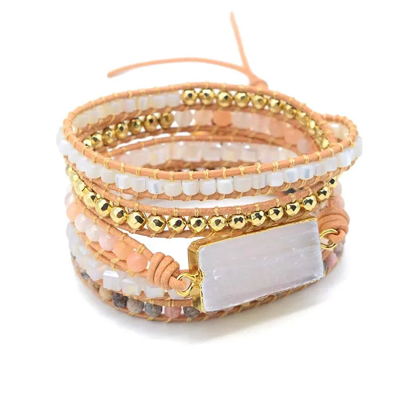 Natural Selenite, Rhodonite & Agate Leather Wrap Bracelet