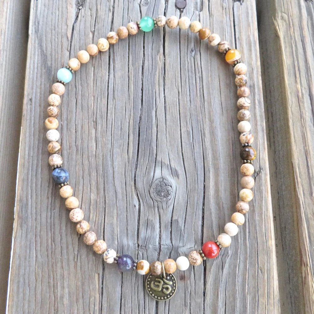 Natural Picture Jasper & 7 Chakras Stones Ohm 54 Beads Mala