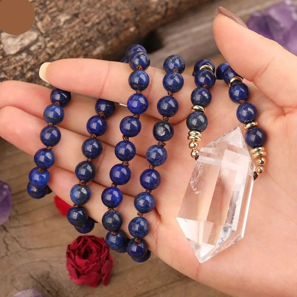 Natural Natural Lapis Lazuli & Clear Quartz Double Point Pendant Necklace