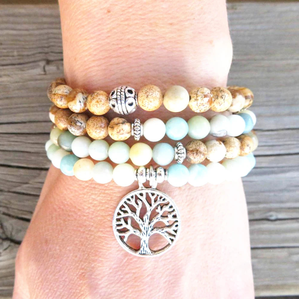 Natural Picture Jasper & Amazonite Tree of Life 108 Beads Mala