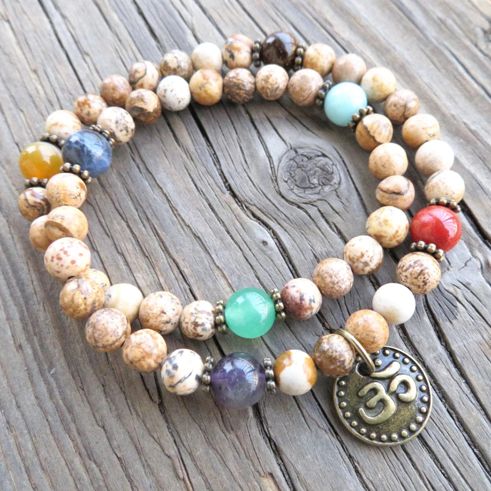 Natural Picture Jasper & 7 Chakras Stones Ohm 54 Beads Mala