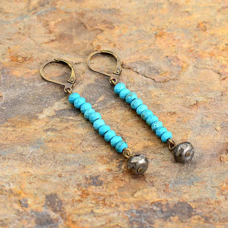 Natural Turquoise & Pyrite Long Earrings