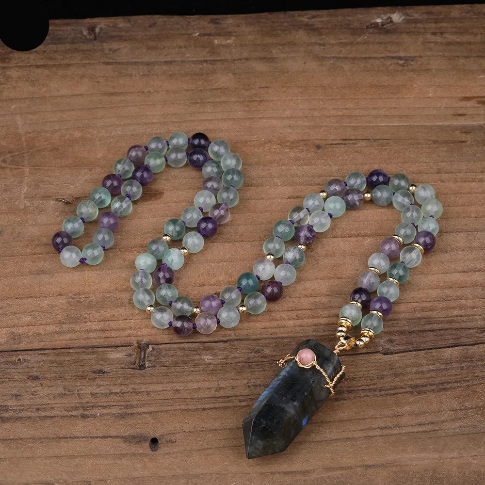 Natural Rainbow Fluorite & Labradorite Point Pendant Necklace