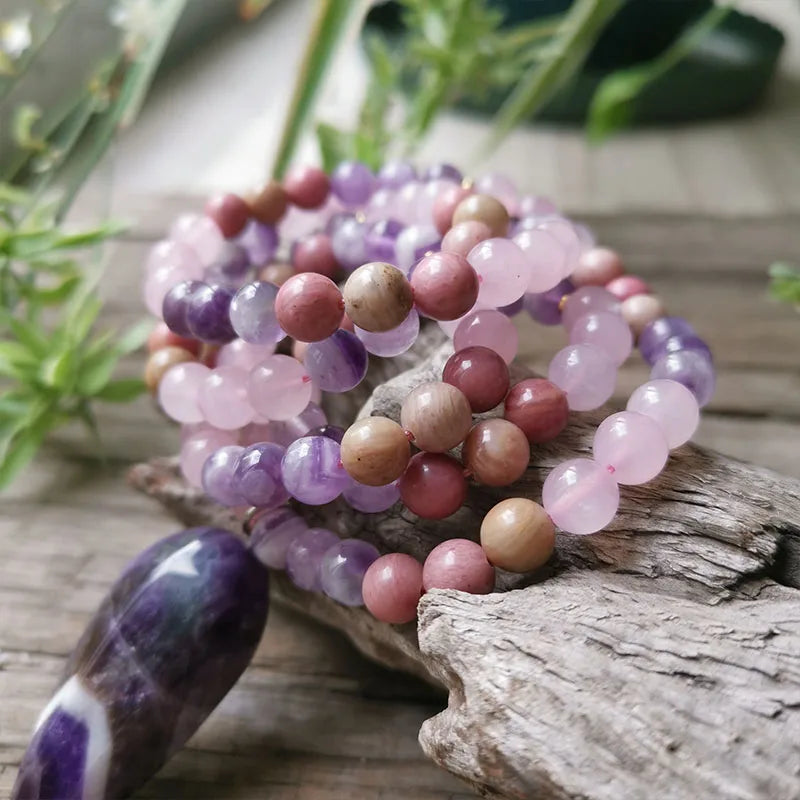 Natural Rhodonite, Amethyst, Clear & Rose Quartz Mala Necklace & Bracelet Set