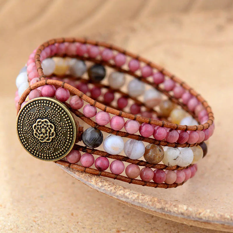 Natural Rhodonite & Agate Leather Wrap Cuff Bracelets