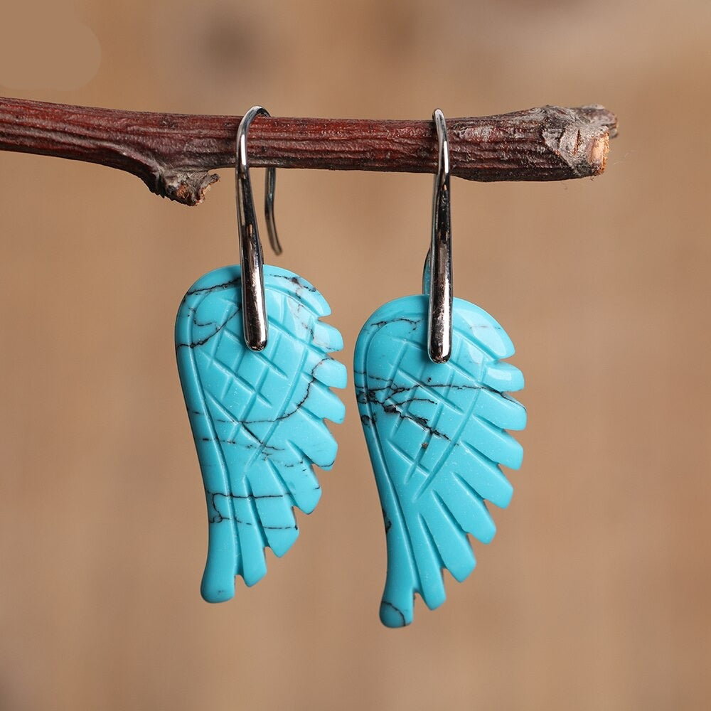 Natural Turquoise Carved Angel Wings Earrings