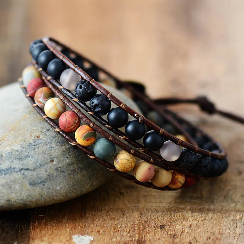 Natural Picasso Jasper & Black Onyx Leather Wrap Bracelet