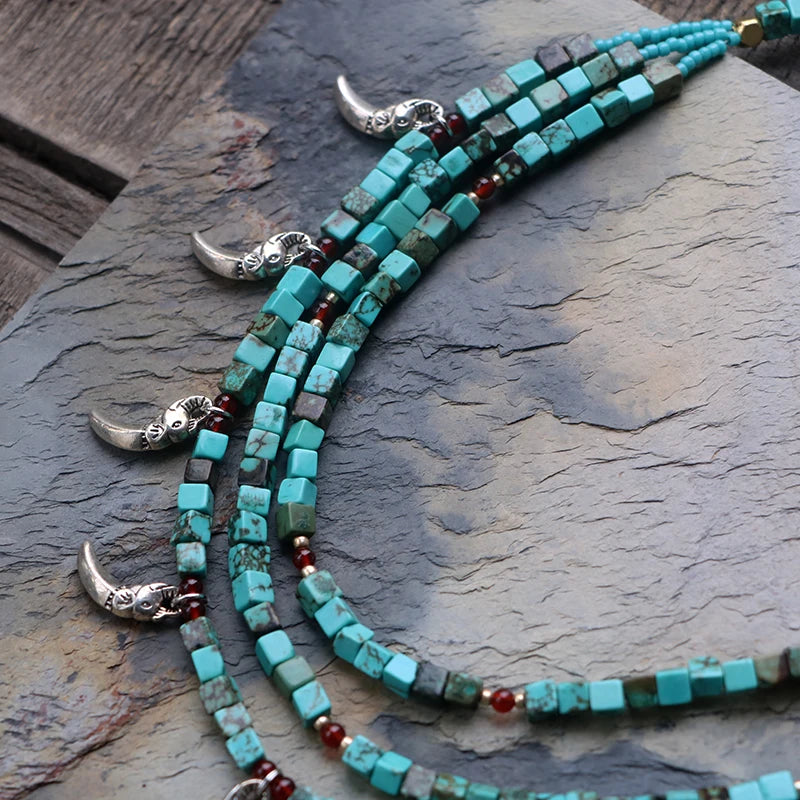 Natural Turquoise & Red Onyx Multi-Layered Choker Necklace