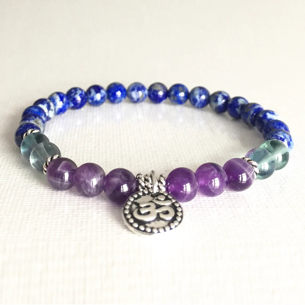 Natural Lapis Lazuli, Amethyst & Green Fluorite Om Bracelet