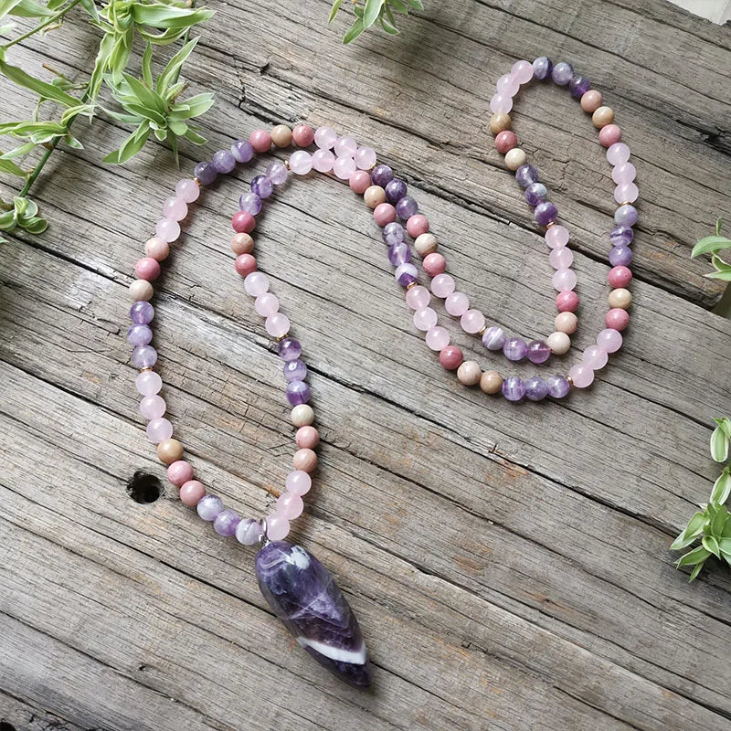 Natural Rhodonite, Amethyst, Clear & Rose Quartz Mala Necklace & Bracelet Set