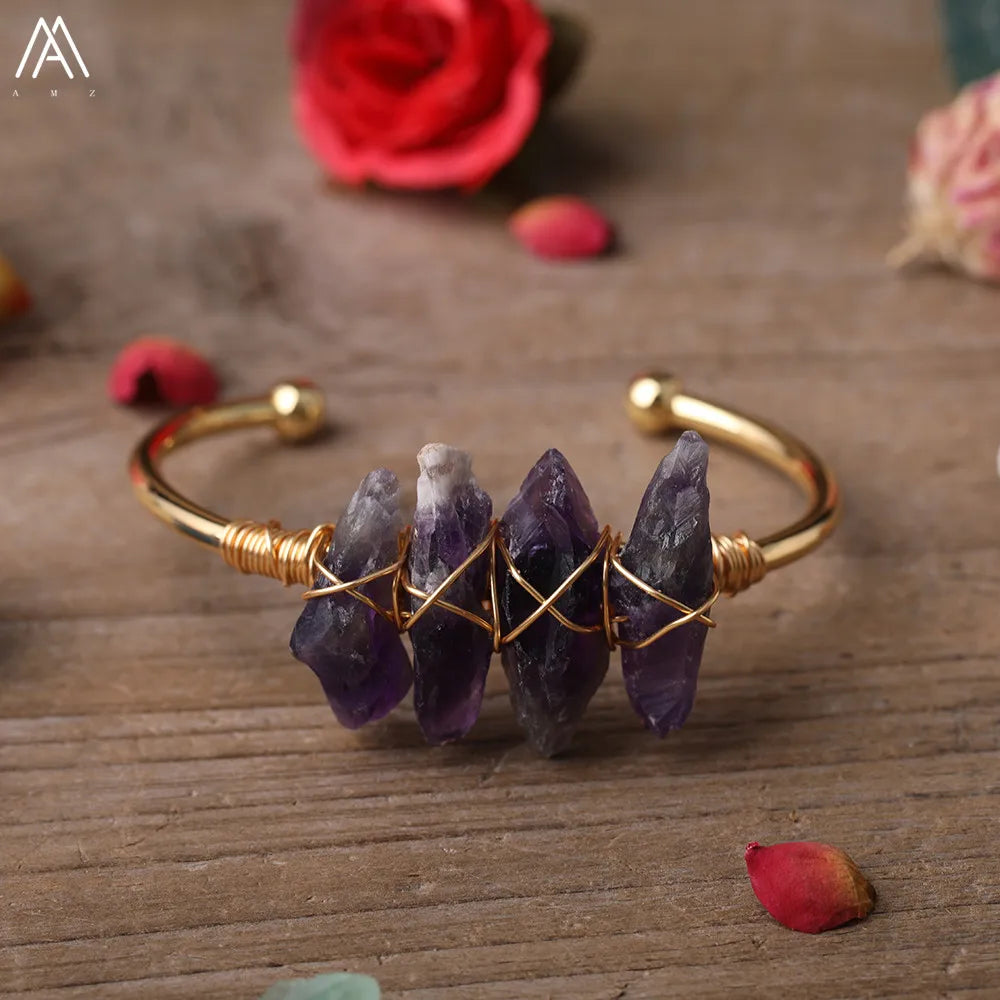 Natural Raw Amethyst Stones Copper Cuff Bracelet