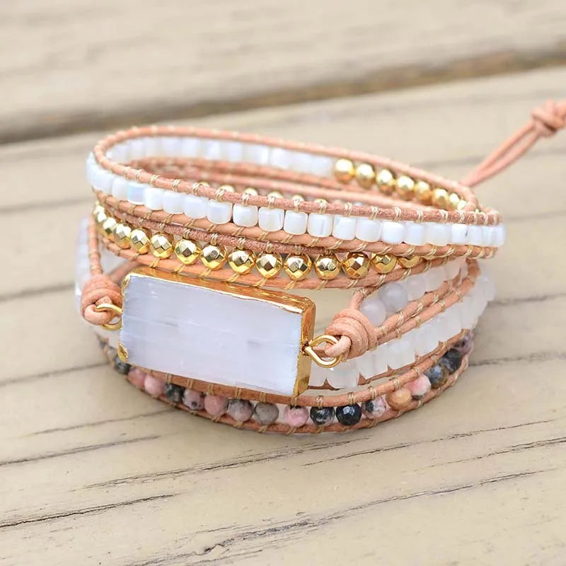 Natural Selenite, Rhodonite & Agate Leather Wrap Bracelet