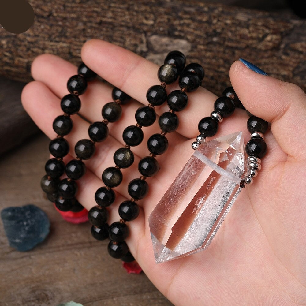 Natural Gold Sheen Obsidian & Clear Quartz Wand Necklace