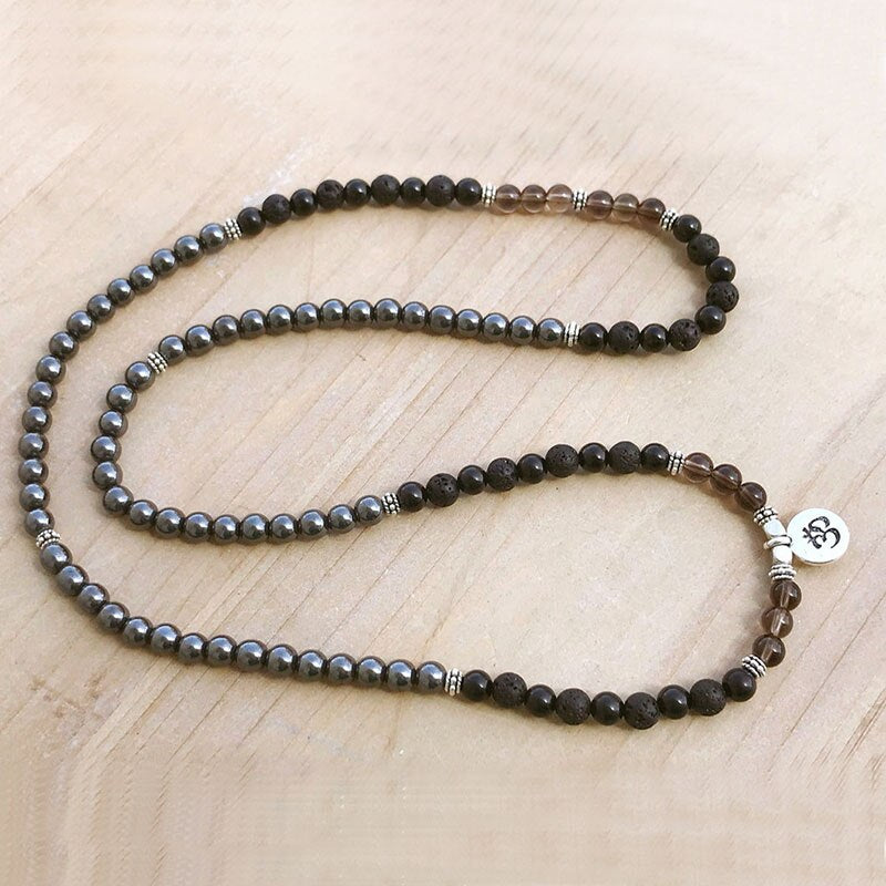 Natural Hematite, Onyx, Lava Stone & Smokey Quartz 108 Beads Mala Necklace Wrap Bracelet