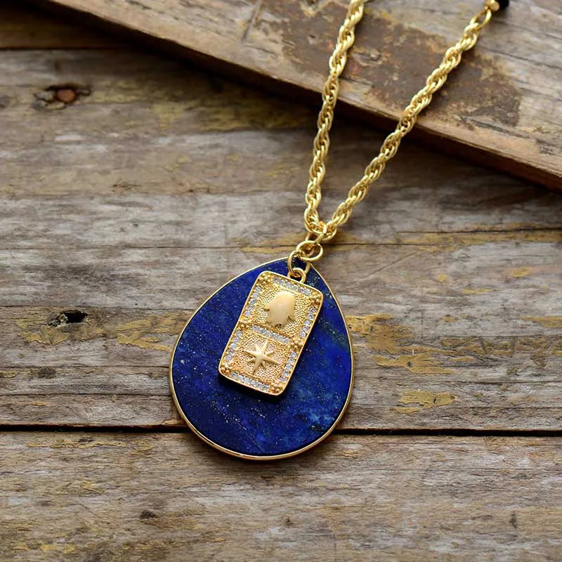 Natural Lapis Lazuli Pendant Gold Plated Choker Necklace