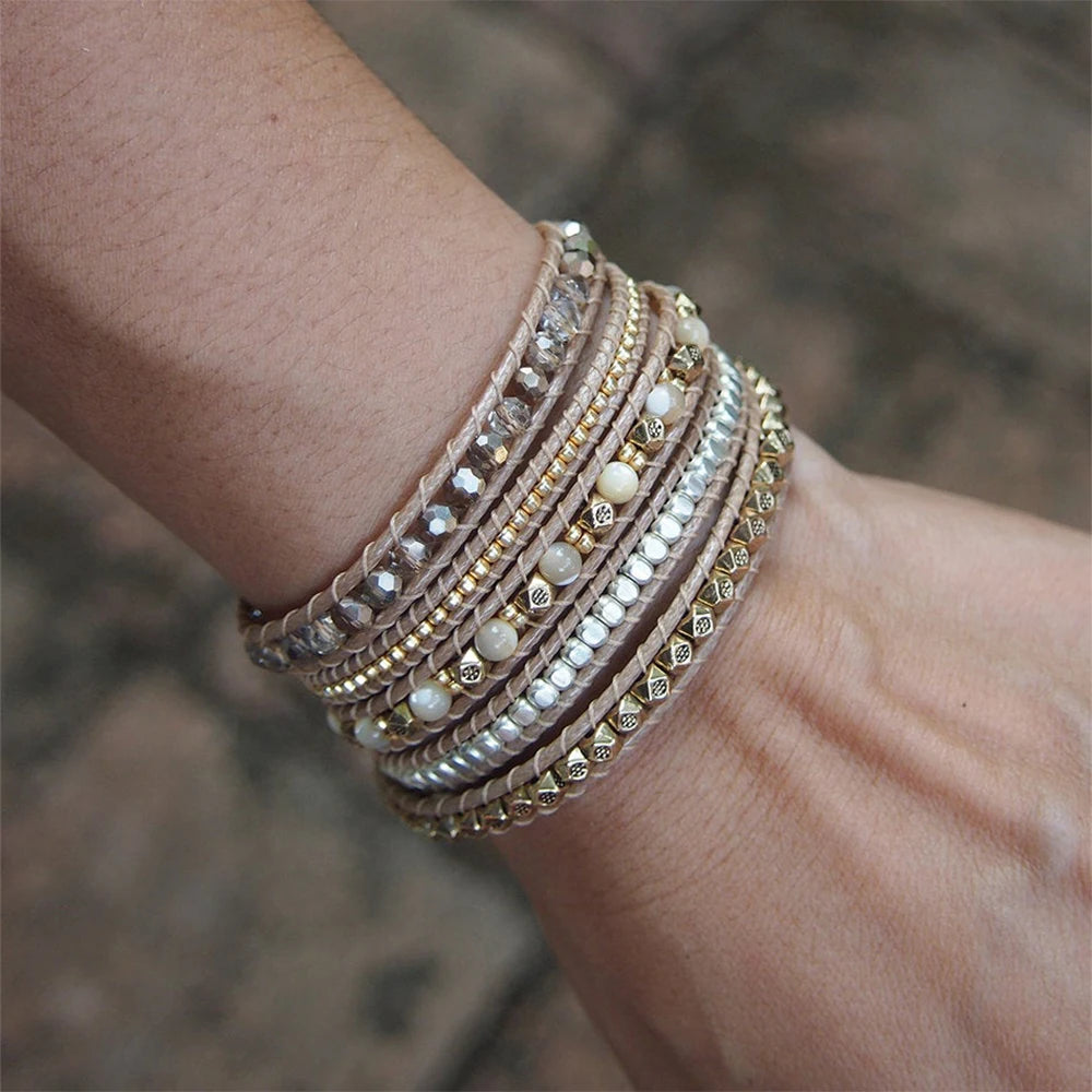 Natural Shell and Mixed Metal Beads Vegan Wrap Bracelet