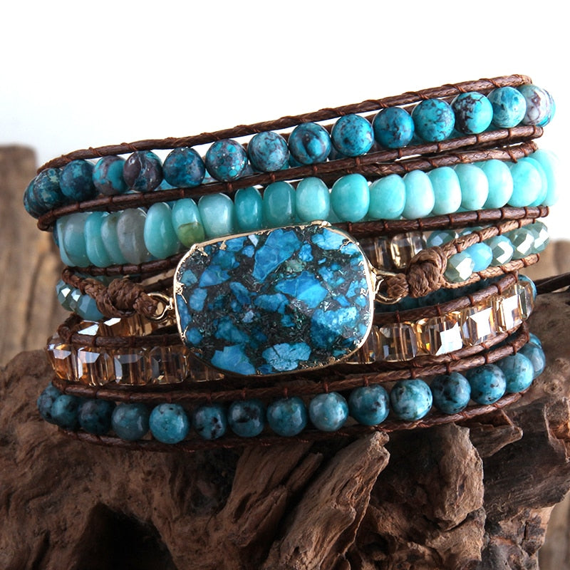 Natural Ocean Jasper & Aquamarine Wrap Bracelet