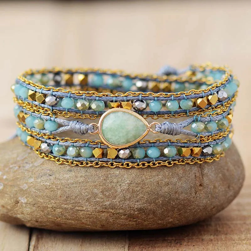 Natural Amazonite & Bling Crystals Wrap Bracelet