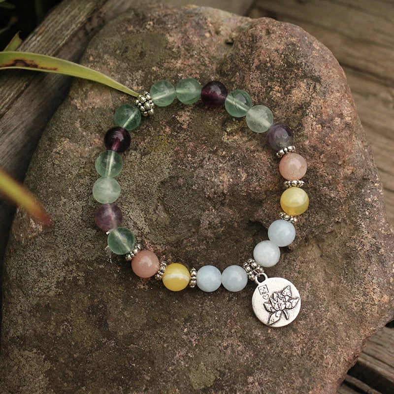 Natural Fluorite, Aquamarine and Onyx Tibetan Bracelet