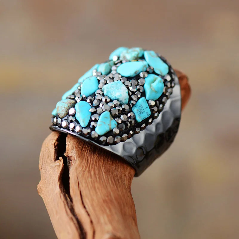 Natural Turquoise & Rhinestone Cuff Ring