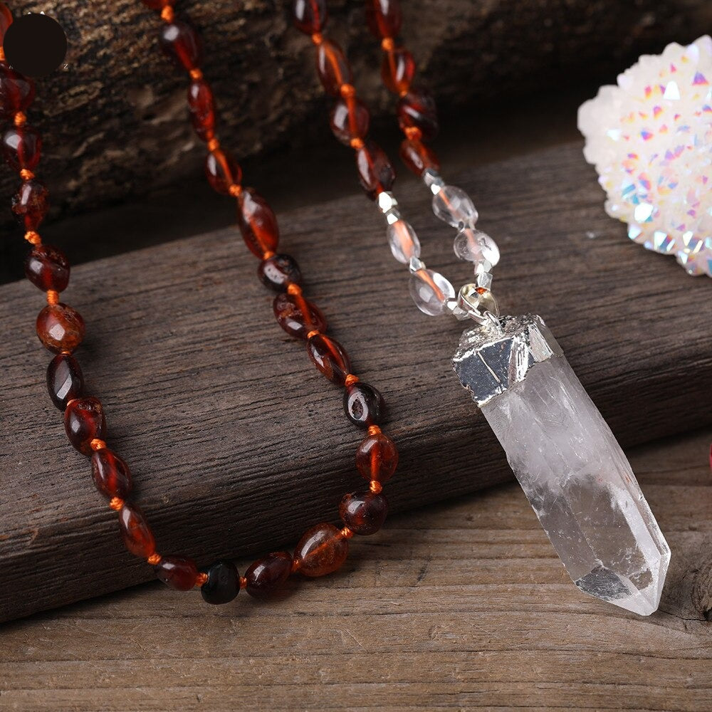 Natural Red Garnet & Clear Quartz Wand Necklace