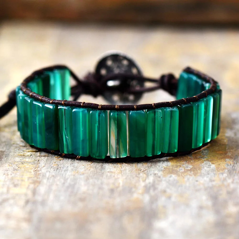 Natural Green Onyx Leather Cuff Wrap Bracelet