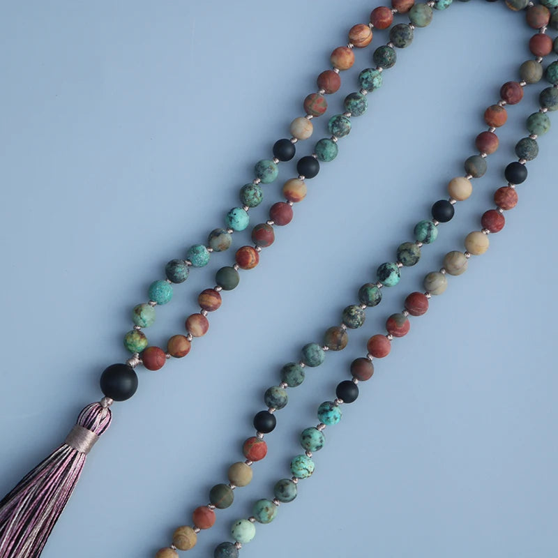 Natural Matte African Turquoise, Picasso Jasper & Onyx 108 Beads Mala