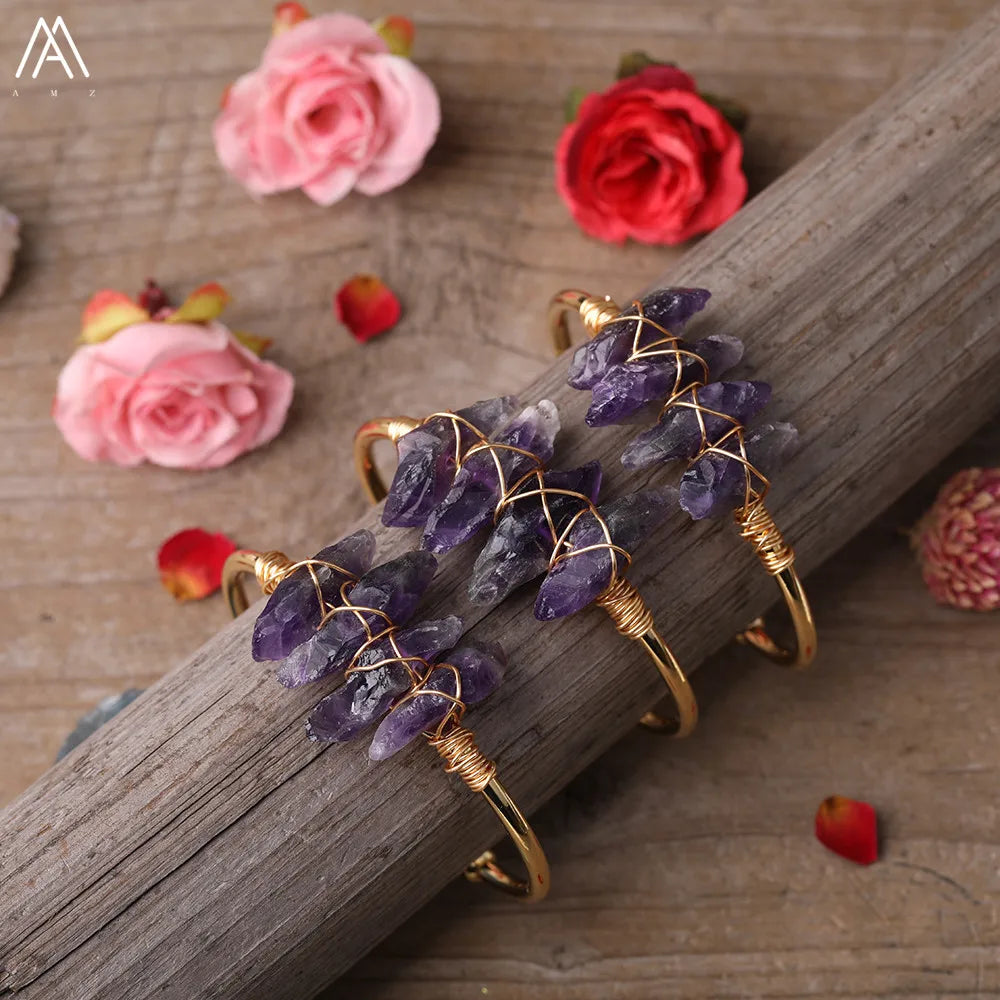 Natural Raw Amethyst Stones Copper Cuff Bracelet