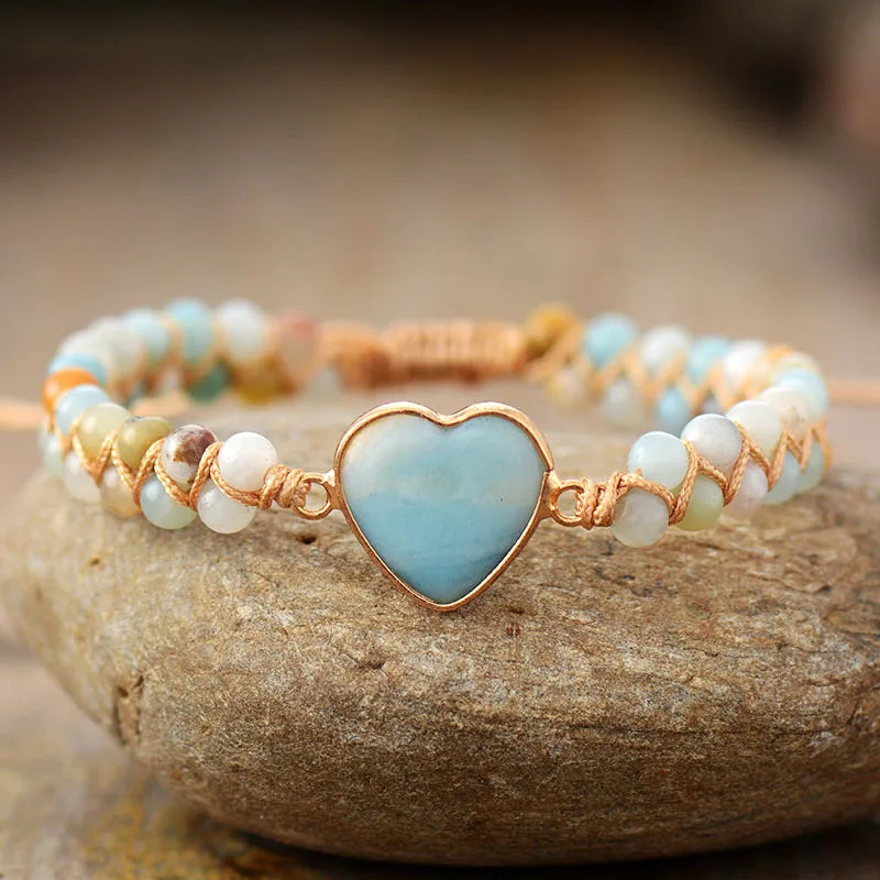 Natural Amazonite & Jasper Heart Wrap Bracelet