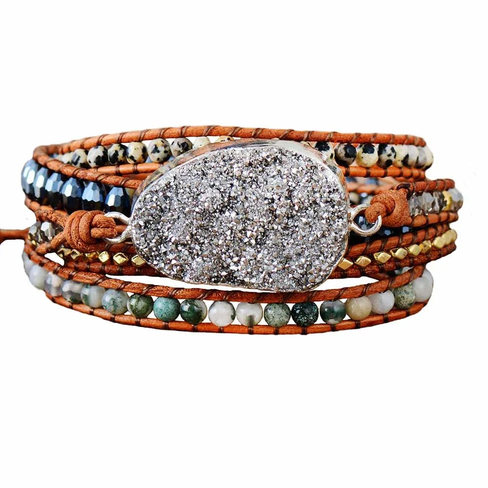 Natural Jasper, Agate & Gilded Druzy Charm Leather Wrap Bracelet