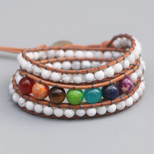 Natural 7 Chakras Stones, Howlite, Labradorite & Onyx Wrap Bracelet