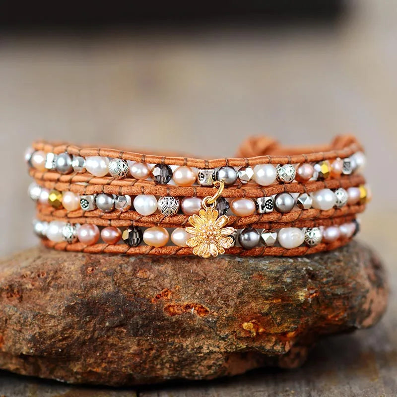 Natural Freshwater Pearls Leather Wrap Bracelet