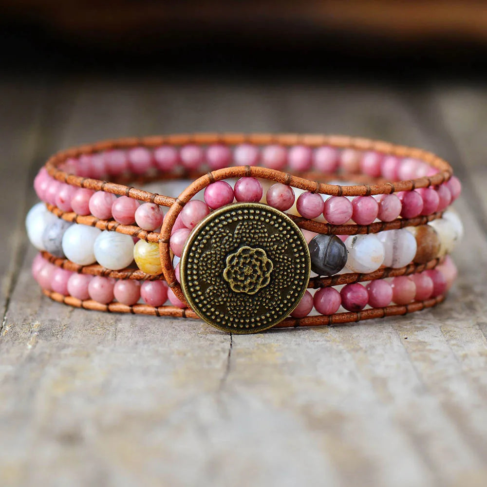 Natural Rhodonite & Agate Leather Wrap Cuff Bracelets