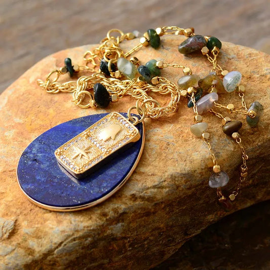 Natural Lapis Lazuli Pendant Gold Plated Choker Necklace