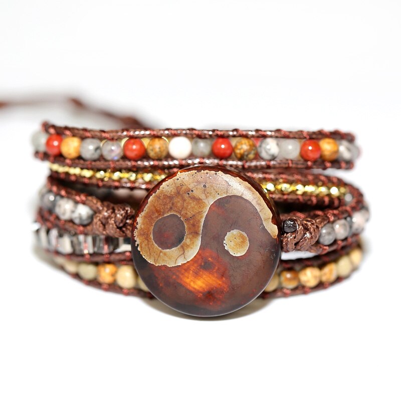 Natural Jasper & Agate Taijitu Charm Wrap Bracelet