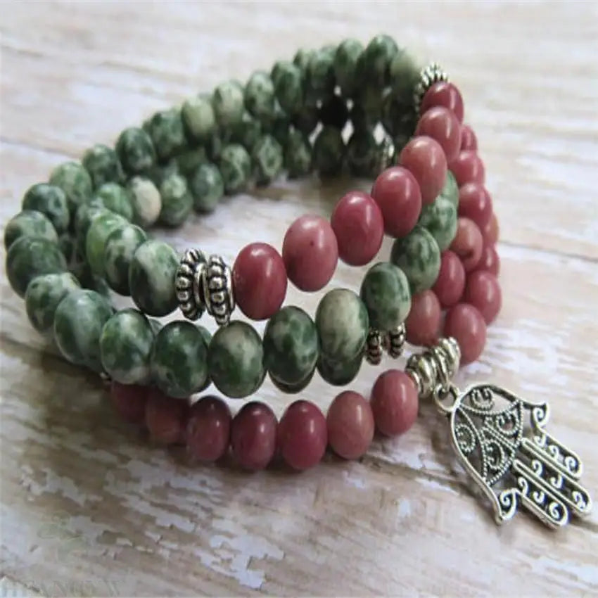 Natural Green Jasper & Rhodonite Hamsa Hand 108 Beads Mala