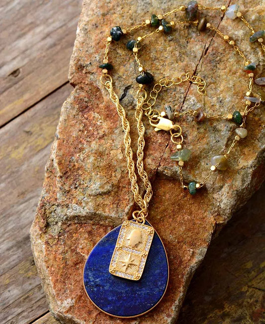Natural Lapis Lazuli Pendant Gold Plated Choker Necklace